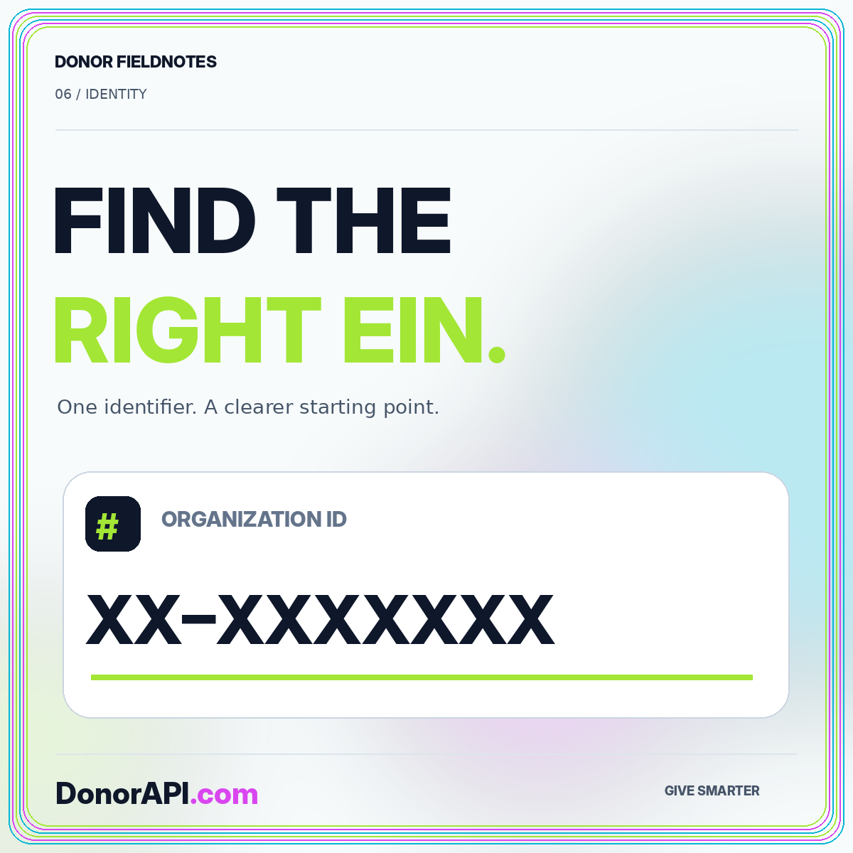 Find the right charity: a practical guide to EINs — typographic DonorAPI.com card