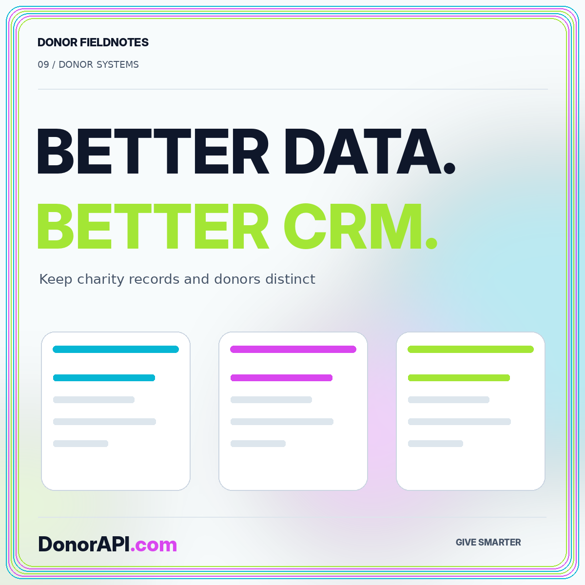 Map charity reference data into a donor CRM thoughtfully — typographic DonorAPI.com card
