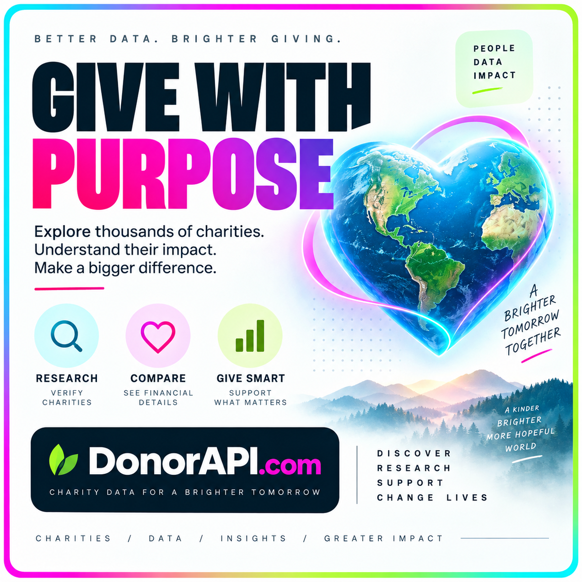 Give with purpose — DonorAPI.com charity research editorial artwork