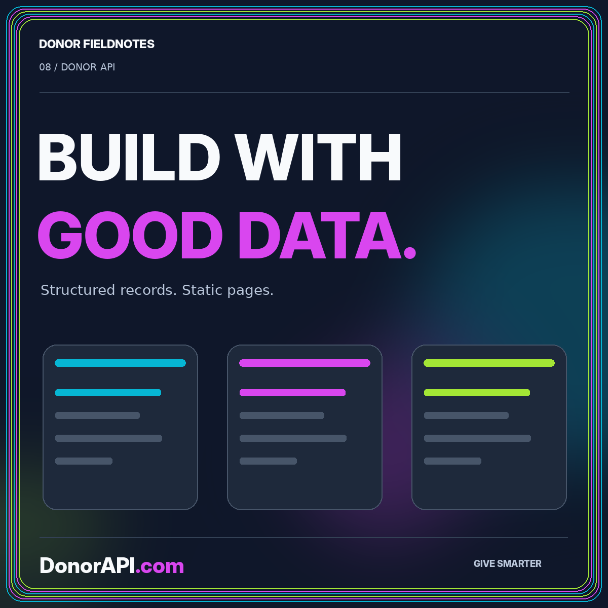 Designing an HTML-first charity data directory — typographic DonorAPI.com card